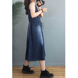 V-Neck Stone Wash Denim Dress Sleeveless Belted Long Vest Coat