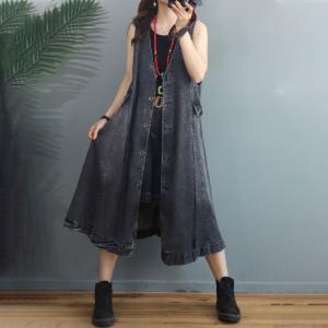 V-Neck Stone Wash Denim Dress Sleeveless Belted Long Vest Coat