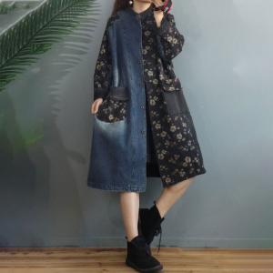 Bi-Colored Large Denim Coat Flap Pockets Floral Overcoat