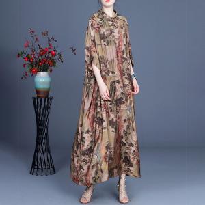 Chinese Landscape Painting Silk Dress Loose Cheongsam for Senior Women