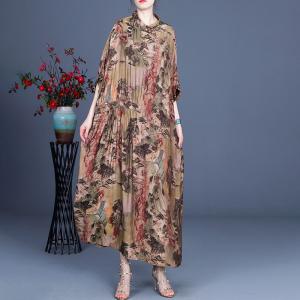 Chinese Landscape Painting Silk Dress Loose Cheongsam for Senior Women