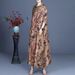 Chinese Landscape Painting Silk Dress Loose Cheongsam for Senior Women