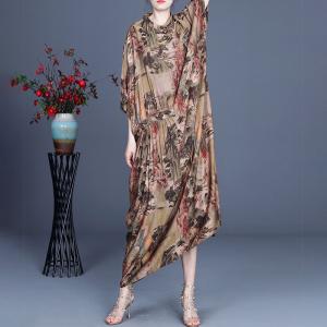 Chinese Landscape Painting Silk Dress Loose Cheongsam for Senior Women