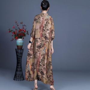 Chinese Landscape Painting Silk Dress Loose Cheongsam for Senior Women