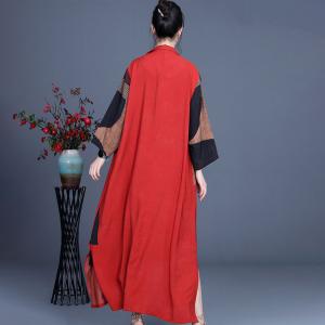 Color Blocks Patchwork Red Shirt Dress Side Slits Long Cardigan