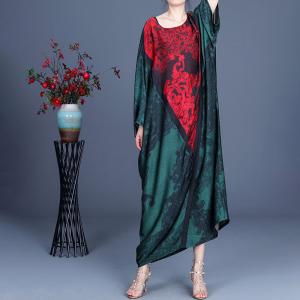 Red Printed Plus Size Caftan Blackish Green Silk Church Dress