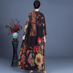 Dense Flowers Black Loose Dress Senior Women Chinese Dress