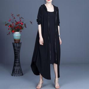 Asymmetrical Black Hooded Coat Front Zip Designer Long Jacket