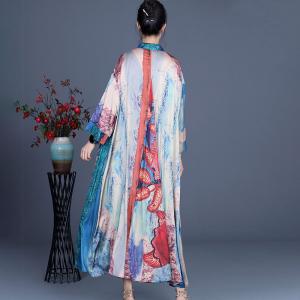 Pop Colored Printed Silk Shirt Dress Midi Loose Outerwear