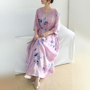 Blue Prints Pink Beach Maxi Dress Summer Ramie Tied Dress