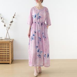 Blue Prints Pink Beach Maxi Dress Summer Ramie Tied Dress