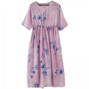 Blue Prints Pink Beach Maxi Dress Summer Ramie Tied Dress