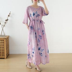 Blue Prints Pink Beach Maxi Dress Summer Ramie Tied Dress