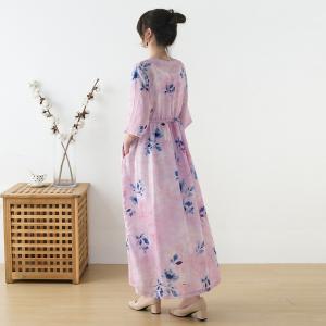 Blue Prints Pink Beach Maxi Dress Summer Ramie Tied Dress