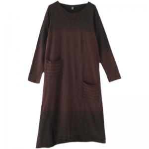 Crew Neck Colors Gradient Cotton Dress Casual Coffee Loose Dress