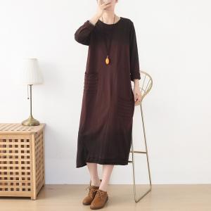 Crew Neck Colors Gradient Cotton Dress Casual Coffee Loose Dress