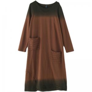 Crew Neck Colors Gradient Cotton Dress Casual Coffee Loose Dress