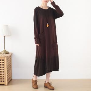 Crew Neck Colors Gradient Cotton Dress Casual Coffee Loose Dress