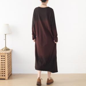 Crew Neck Colors Gradient Cotton Dress Casual Coffee Loose Dress