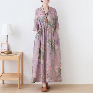 V-Neck Lace Up Summer Dress Printed Loose Resort Wear