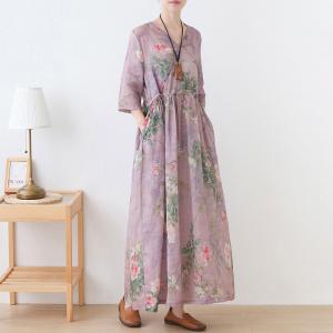 V-Neck Lace Up Summer Dress Printed Loose Resort Wear