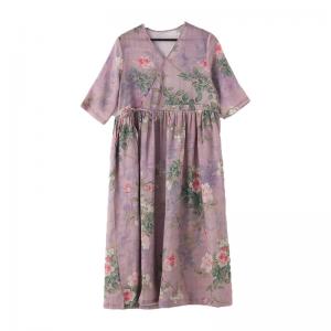 V-Neck Lace Up Summer Dress Printed Loose Resort Wear