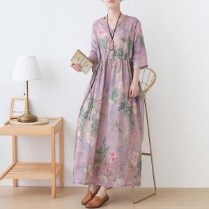 V-Neck Lace Up Summer Dress Printed Loose Resort Wear