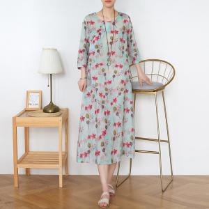 Red Printed Loose Chinese Cheongsam Ramie Midi Dress