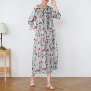 Red Printed Loose Chinese Cheongsam Ramie Midi Dress