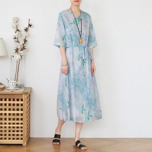 Bamboo Prints Chinese Buttons Summer Dress Ramie Midi Cheongsam