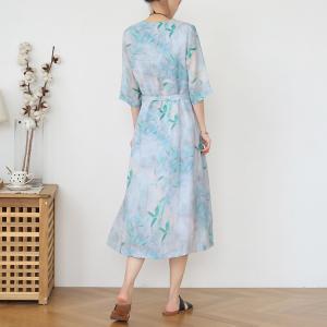 Bamboo Prints Chinese Buttons Summer Dress Ramie Midi Cheongsam