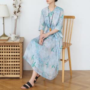 Bamboo Prints Chinese Buttons Summer Dress Ramie Midi Cheongsam