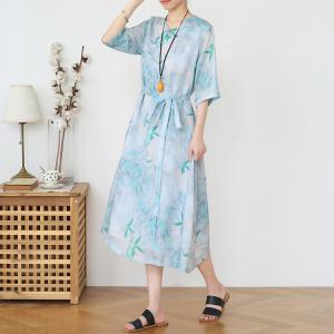 Bamboo Prints Chinese Buttons Summer Dress Ramie Midi Cheongsam