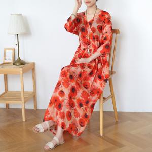 Beach Style Tied Red Dress Empire Waist Printed Boho Maxi Dress