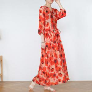 Beach Style Tied Red Dress Empire Waist Printed Boho Maxi Dress