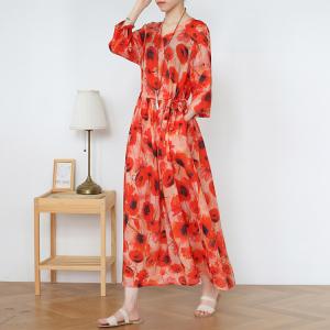 Beach Style Tied Red Dress Empire Waist Printed Boho Maxi Dress