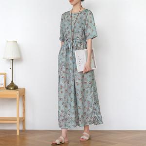 Empire Waist Loose Floral Dress Tied Summer Flax Clothing