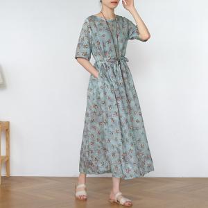 Empire Waist Loose Floral Dress Tied Summer Flax Clothing