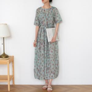 Empire Waist Loose Floral Dress Tied Summer Flax Clothing