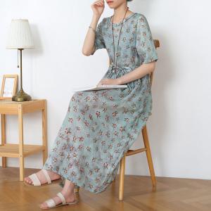 Empire Waist Loose Floral Dress Tied Summer Flax Clothing