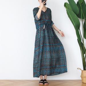 Small Dotted Loose Wrap Dress Ramie Belted Blue Beach Dress