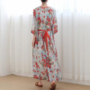 Red Floral Tied Up Kimono Dress Flax Chinese Beach Dress