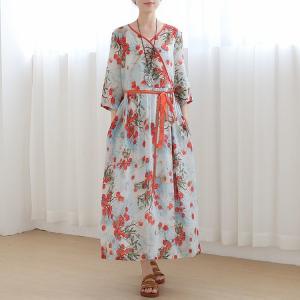 Red Floral Tied Up Kimono Dress Flax Chinese Beach Dress