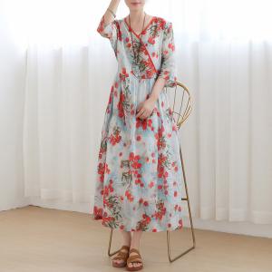 Red Floral Tied Up Kimono Dress Flax Chinese Beach Dress