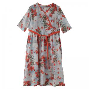 Red Floral Tied Up Kimono Dress Flax Chinese Beach Dress