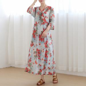 Red Floral Tied Up Kimono Dress Flax Chinese Beach Dress