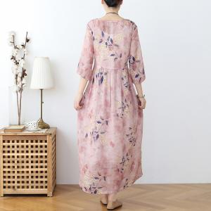 High-Waist Blue Prints Midi Wrap Dress Ramie Comfy Bohemian Pink Dress