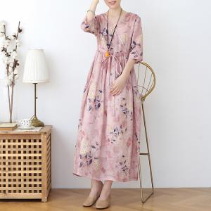 High-Waist Blue Prints Midi Wrap Dress Ramie Comfy Bohemian Pink Dress