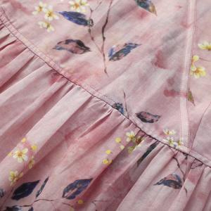 High-Waist Blue Prints Midi Wrap Dress Ramie Comfy Bohemian Pink Dress
