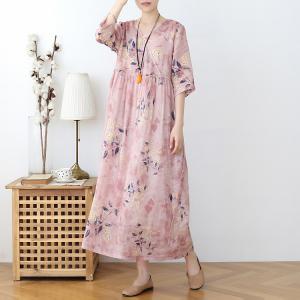 High-Waist Blue Prints Midi Wrap Dress Ramie Comfy Bohemian Pink Dress